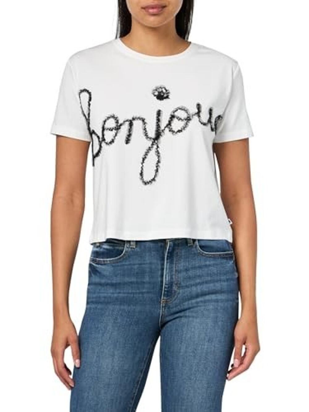 Karl Lagerfeld T-Shirt Womens XL White Short Sleeve Bonjour Graphic Crop Tee NWT